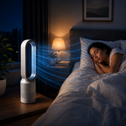 A white oval shaped pedestal fan stands on a bedside table in a dimly lit bedroom, with blue airflow graphics shown projecting toward a sleeping woman in bed.