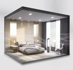 A modern bedroom interior rendered as a floating room kit, showing a low platform bed with white bedding, matching nightstands, a floor lamp, and a chair in a minimalist staged room with large window-like panels.