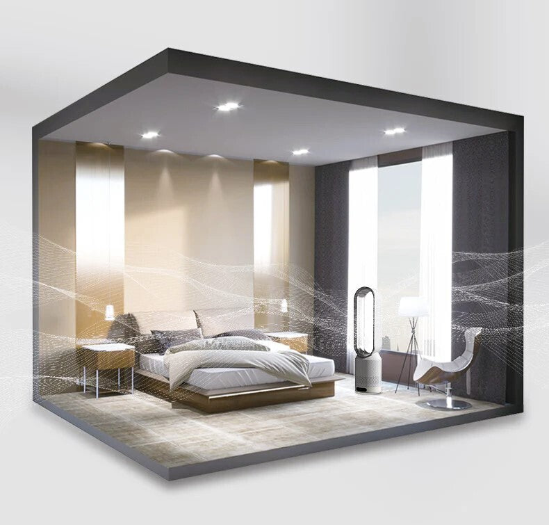 A modern bedroom interior rendered as a floating room kit, showing a low platform bed with white bedding, matching nightstands, a floor lamp, and a chair in a minimalist staged room with large window-like panels.