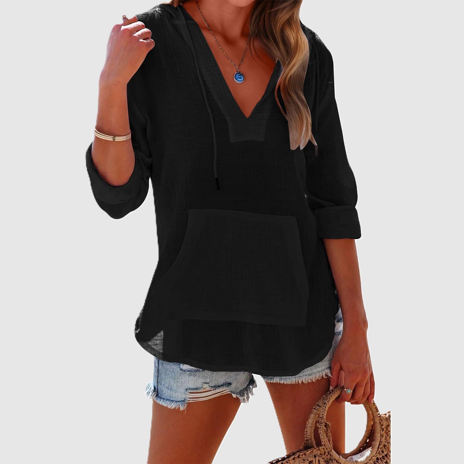 Abigail - Women's V-Neck Drawstring Hooded Blouse