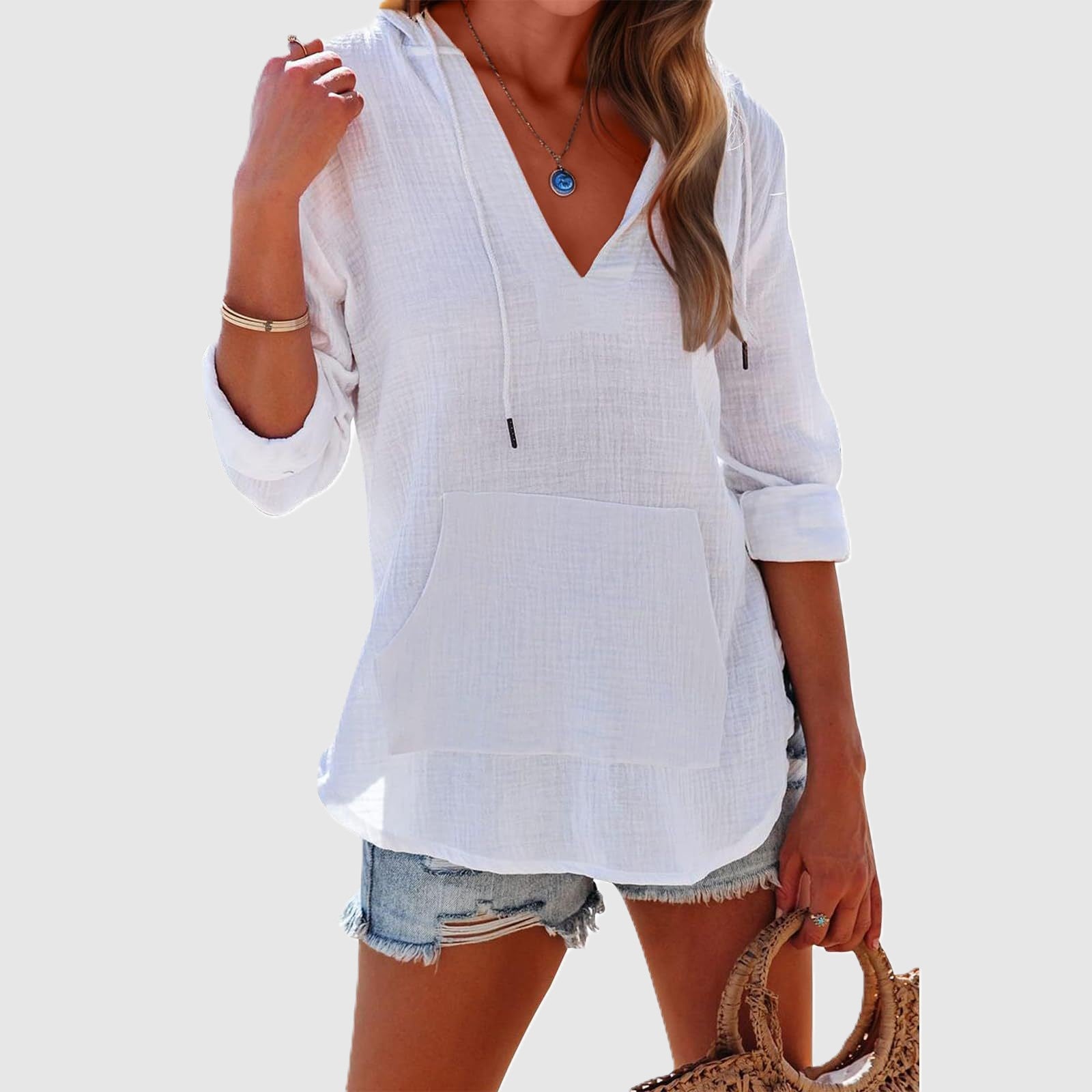 Abigail - Women's V-Neck Drawstring Hooded Blouse
