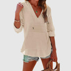 Abigail - Women's V-Neck Drawstring Hooded Blouse