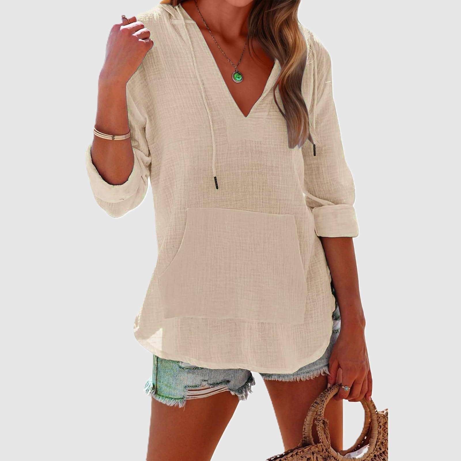Abigail - Women's V-Neck Drawstring Hooded Blouse