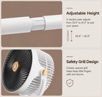 A promotional infographic for a white and black fan, showing two feature panels: adjustable height with a 3-section pole and dimensions, and safety grill design with a close-up of the fan grille and gold accent button.