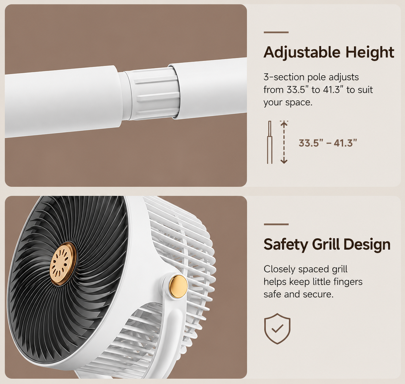 A promotional infographic for a white and black fan, showing two feature panels: adjustable height with a 3-section pole and dimensions, and safety grill design with a close-up of the fan grille and gold accent button.