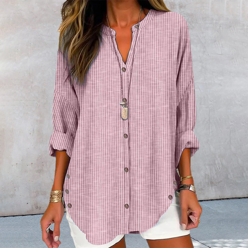 Alice - Women’s Striped Button Blouse with V-Neck