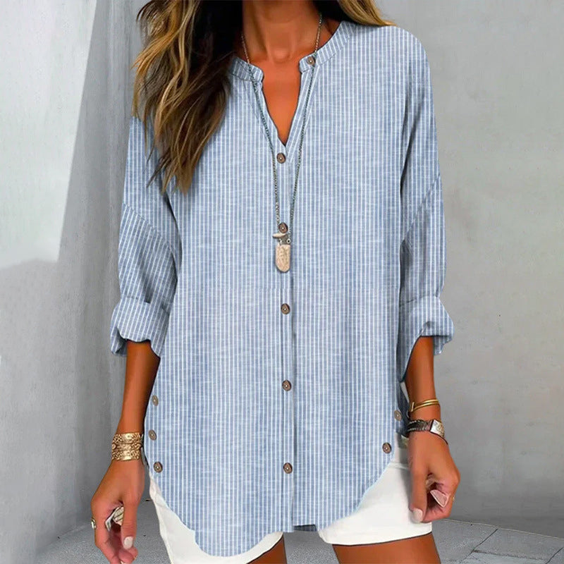Alice - Women’s Striped Button Blouse with V-Neck