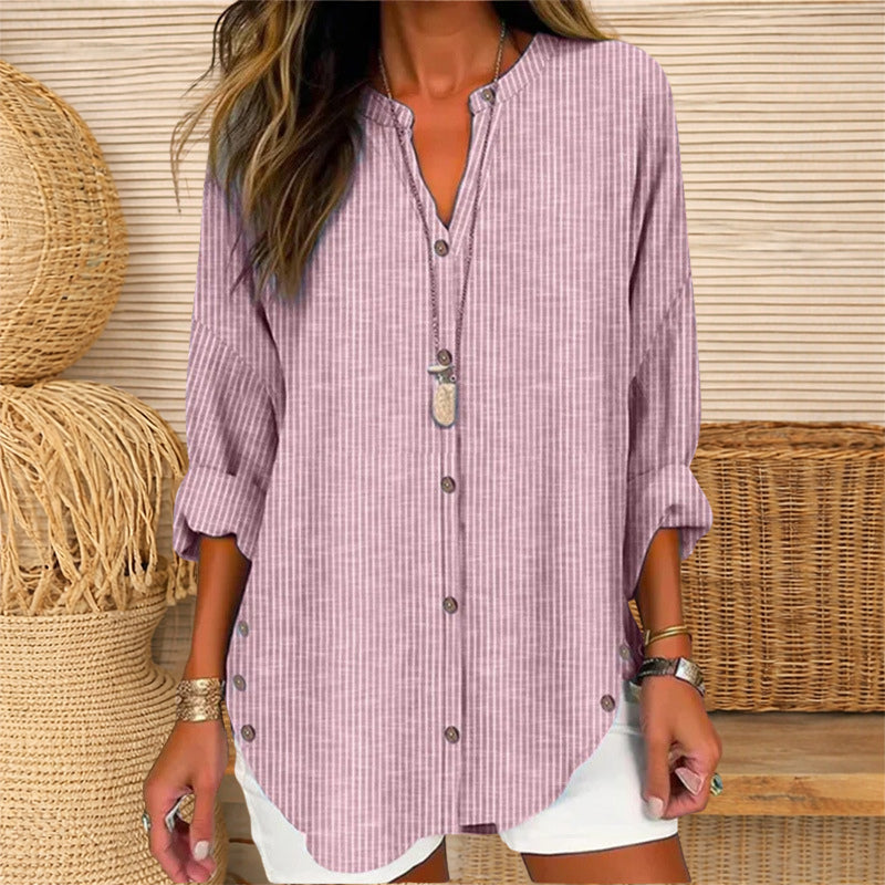 Alice - Women’s Striped Button Blouse with V-Neck