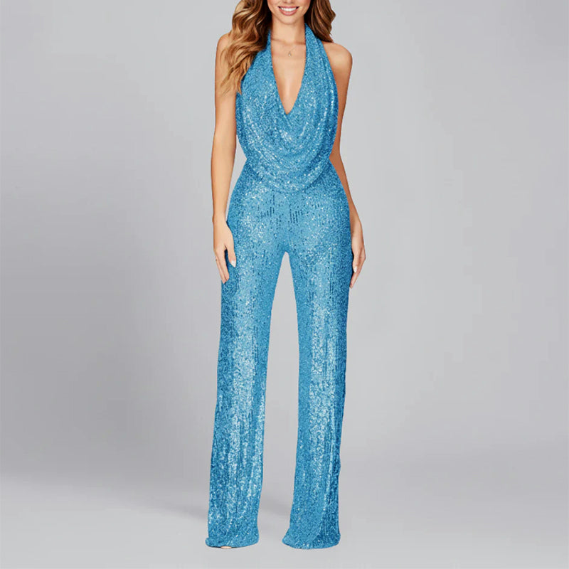 Alyssa - Women's Wide Leg Sequin Jumpsuit with V Halter Neckline