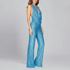 Alyssa - Women's Wide Leg Sequin Jumpsuit with V Halter Neckline