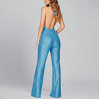 Alyssa - Women's Wide Leg Sequin Jumpsuit with V Halter Neckline