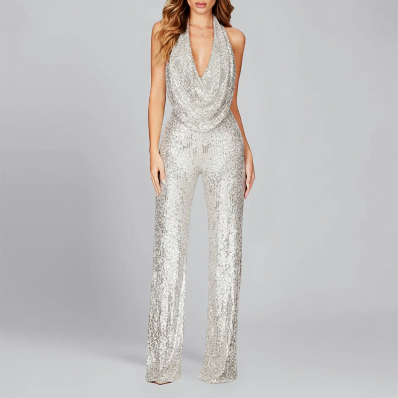 Alyssa - Women's Wide Leg Sequin Jumpsuit with V Halter Neckline
