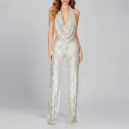 Alyssa - Women's Wide Leg Sequin Jumpsuit with V Halter Neckline