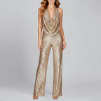 Alyssa - Women's Wide Leg Sequin Jumpsuit with V Halter Neckline