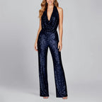 Alyssa - Women's Wide Leg Sequin Jumpsuit with V Halter Neckline