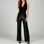 Alyssa - Women's Wide Leg Sequin Jumpsuit with V Halter Neckline