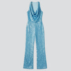 Alyssa - Women's Wide Leg Sequin Jumpsuit with V Halter Neckline