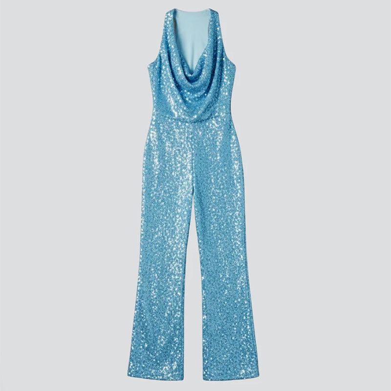 Alyssa - Women's Wide Leg Sequin Jumpsuit with V Halter Neckline