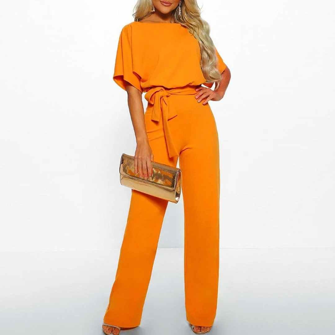 Amber - Women's Short Sleeve Belted Wide Leg Jumpsuit