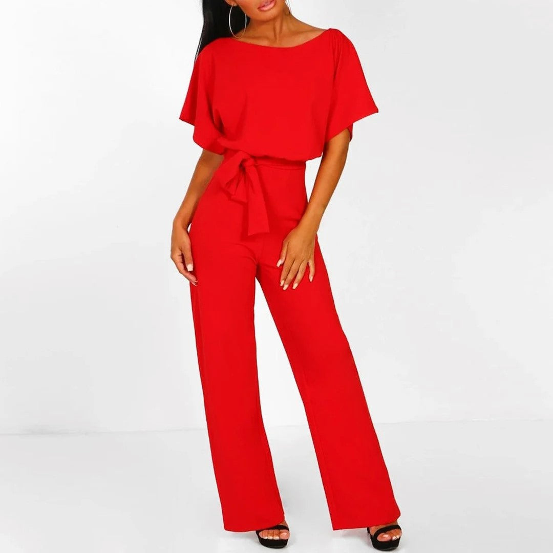 Amber - Women's Short Sleeve Belted Wide Leg Jumpsuit