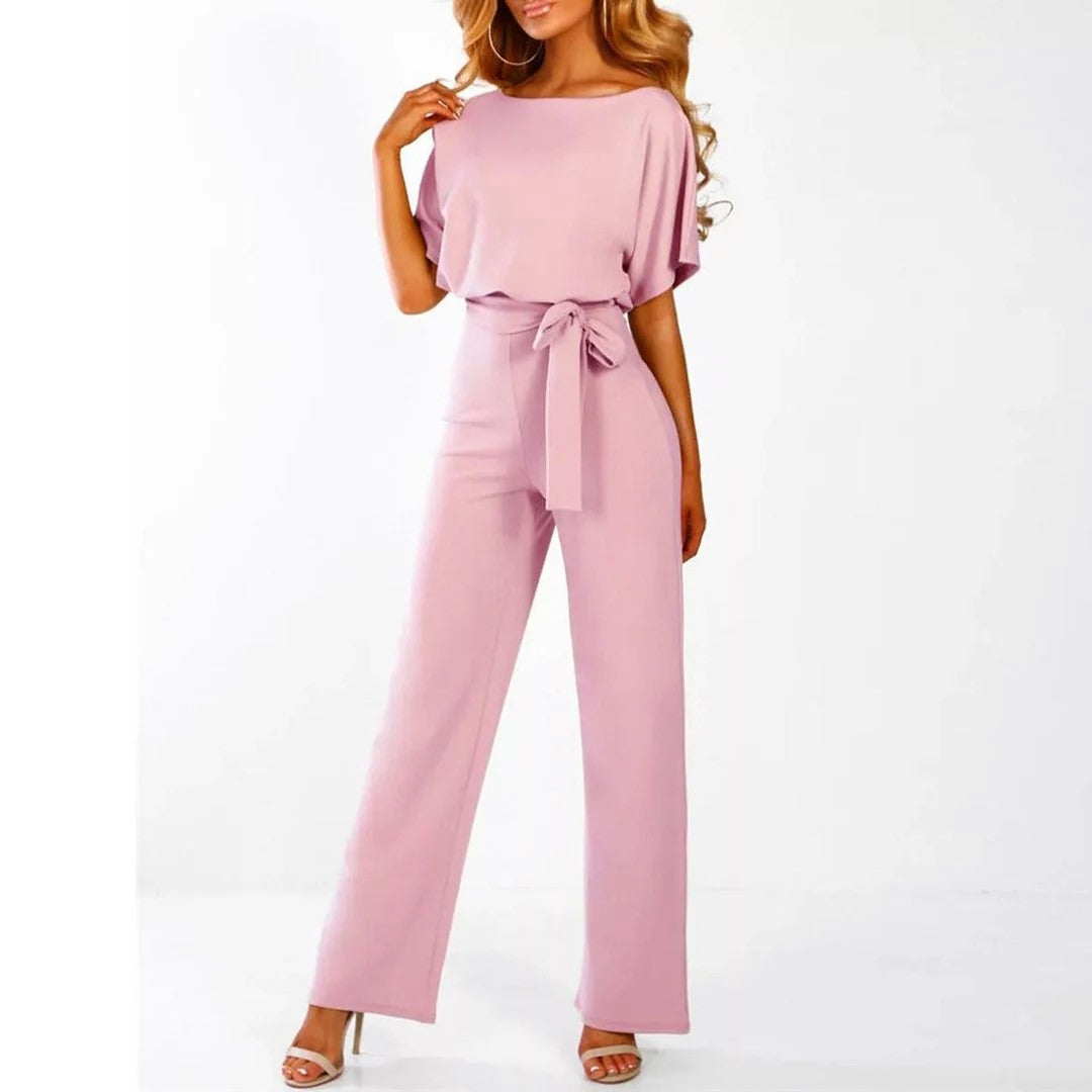 Amber - Women's Short Sleeve Belted Wide Leg Jumpsuit