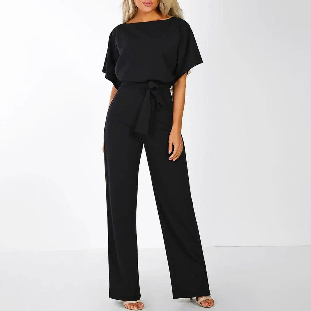 Amber - Women's Short Sleeve Belted Wide Leg Jumpsuit