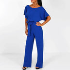 Amber - Women's Short Sleeve Belted Wide Leg Jumpsuit