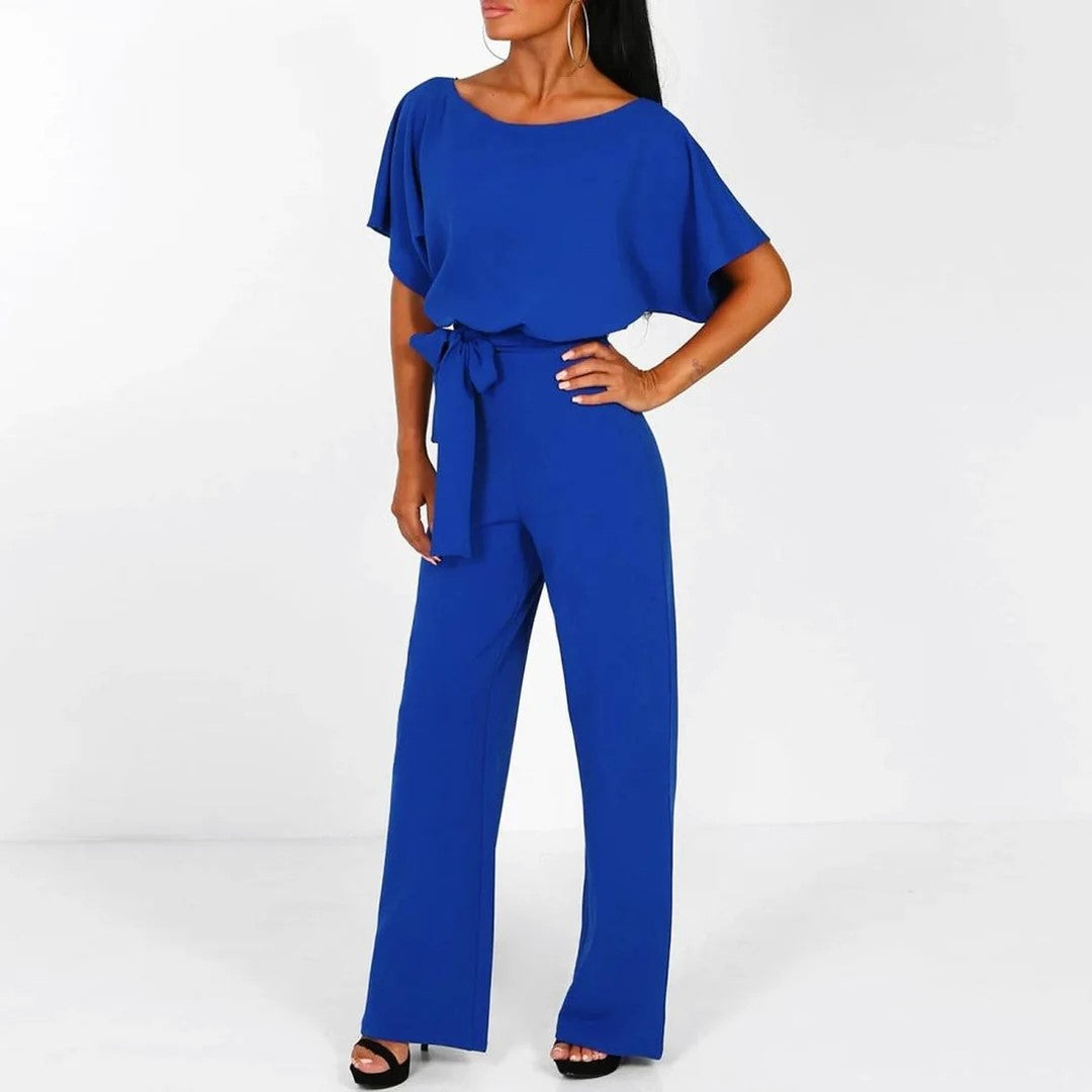 Amber - Women's Short Sleeve Belted Wide Leg Jumpsuit