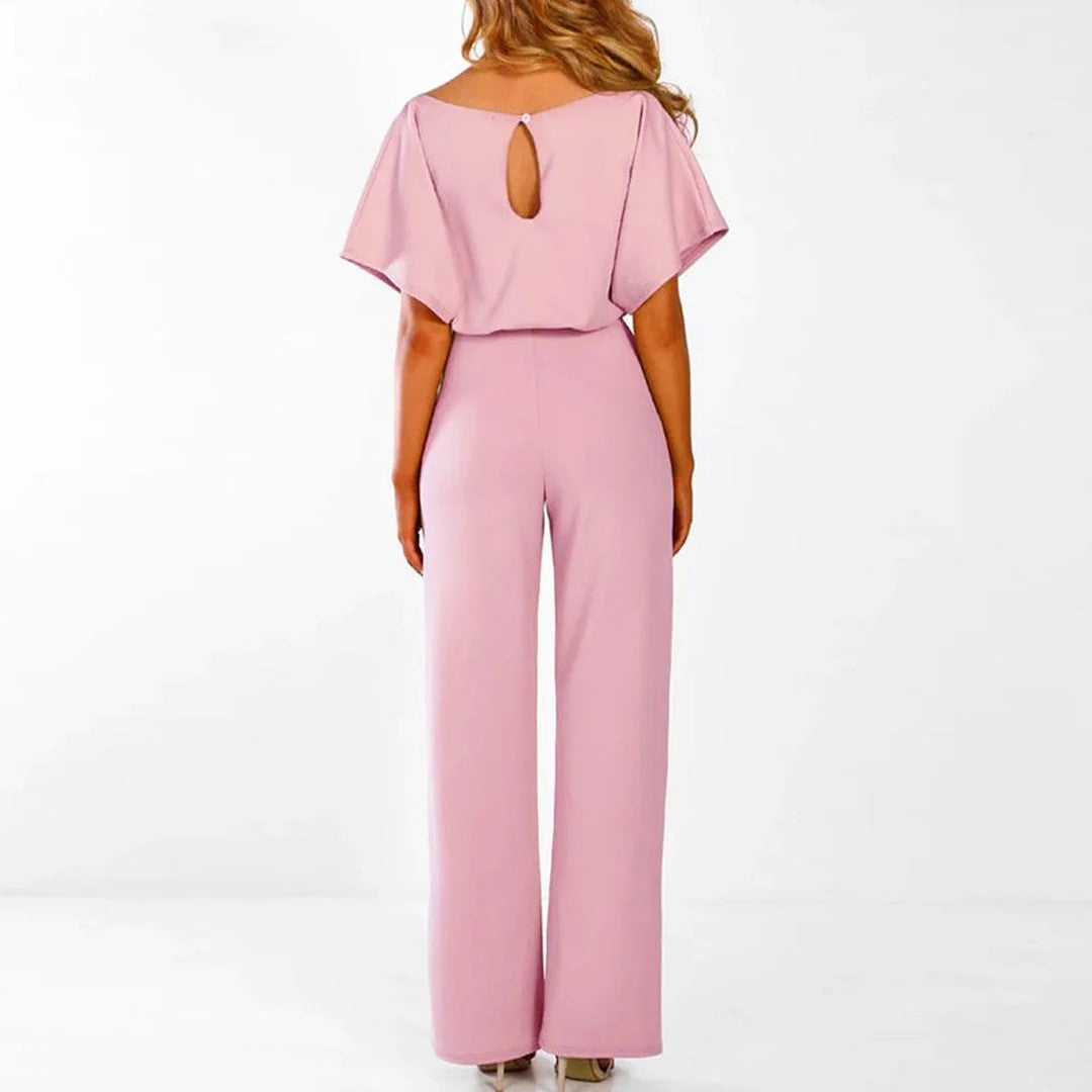 Amber - Women's Short Sleeve Belted Wide Leg Jumpsuit