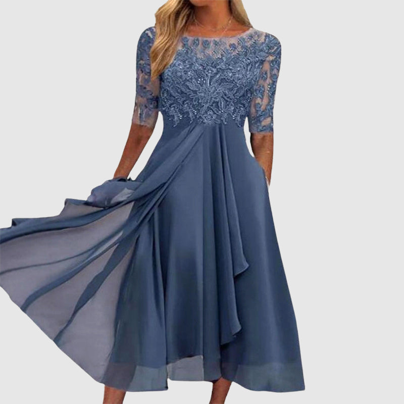Ashley - Women’s Sheer Sleeve Lace Panel Midi Dress