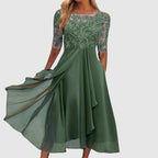 Ashley - Women’s Sheer Sleeve Lace Panel Midi Dress