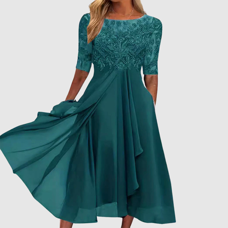 Ashley - Women’s Sheer Sleeve Lace Panel Midi Dress
