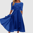Ashley - Women’s Sheer Sleeve Lace Panel Midi Dress