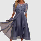 Ashley - Women’s Sheer Sleeve Lace Panel Midi Dress