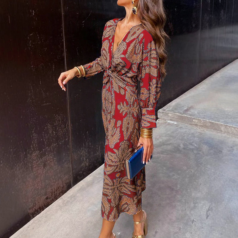 Ashley - Women's V-Neck Printed Midi Dress with Long Sleeves