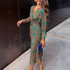 Ashley - Women's V-Neck Printed Midi Dress with Long Sleeves