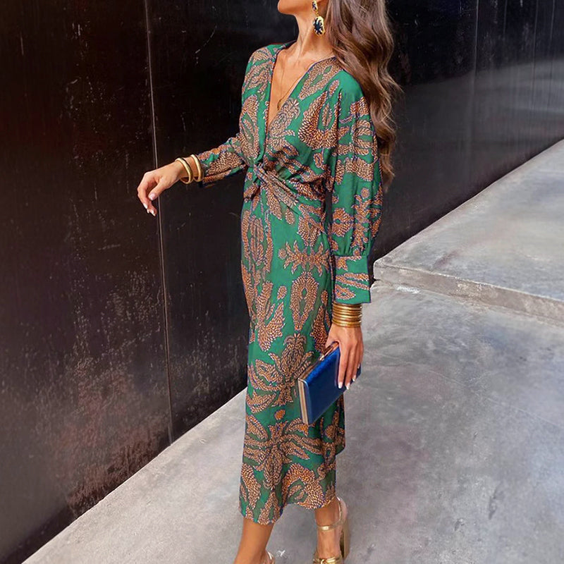 Ashley - Women's V-Neck Printed Midi Dress with Long Sleeves