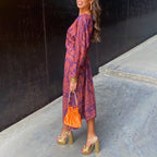 Ashley - Women's V-Neck Printed Midi Dress with Long Sleeves