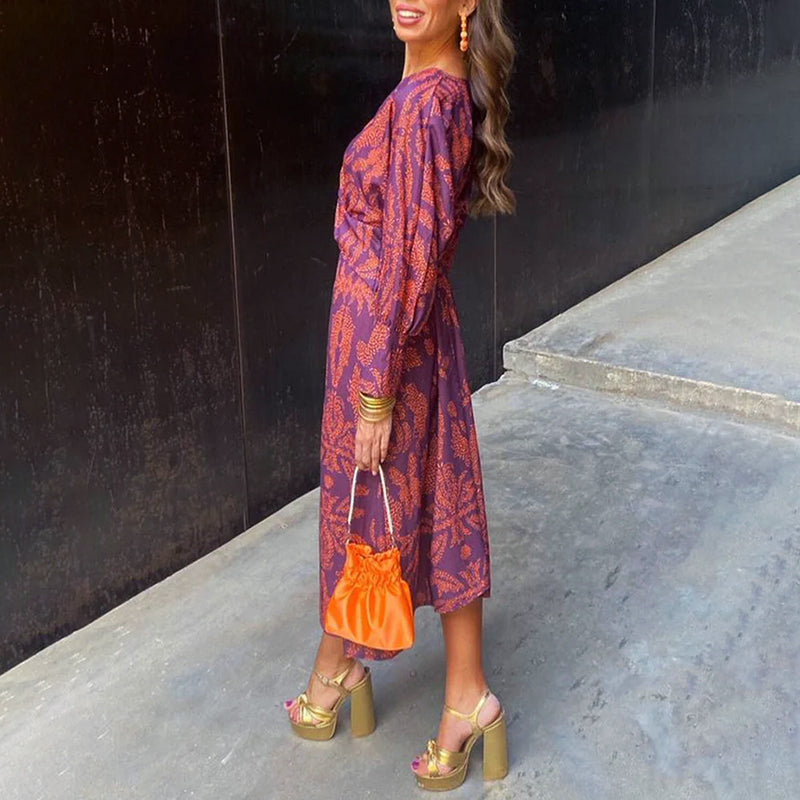 Ashley - Women's V-Neck Printed Midi Dress with Long Sleeves