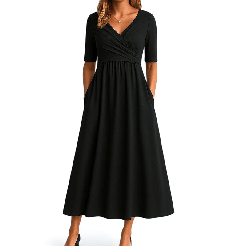 Ashley - Women’s V-Neck Midi Dress with Short Sleeves