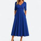 Ashley - Women’s V-Neck Midi Dress with Short Sleeves