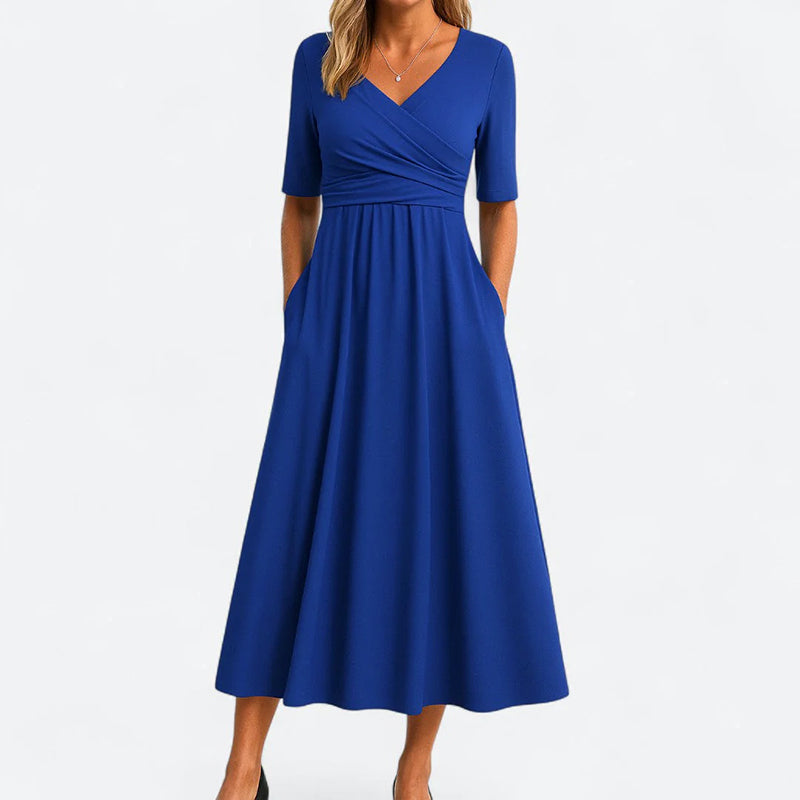 Ashley - Women’s V-Neck Midi Dress with Short Sleeves