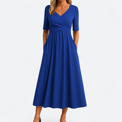Ashley - Women’s V-Neck Midi Dress with Short Sleeves