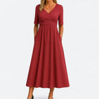 Ashley - Women’s V-Neck Midi Dress with Short Sleeves