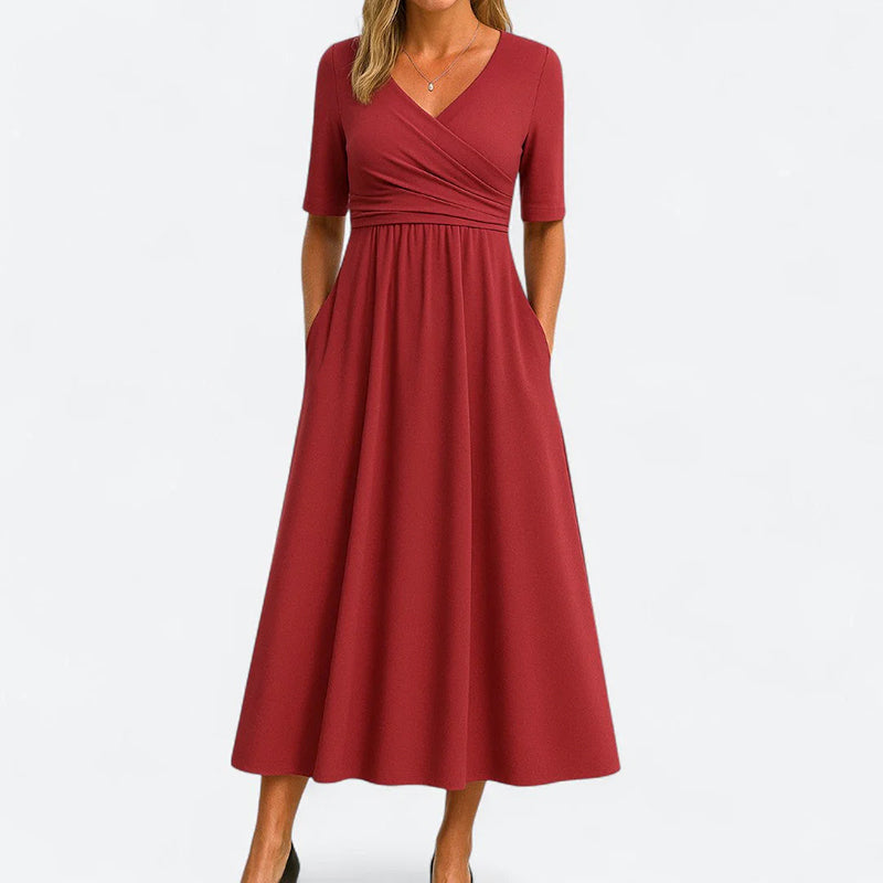 Ashley - Women’s V-Neck Midi Dress with Short Sleeves