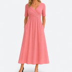 Ashley - Women’s V-Neck Midi Dress with Short Sleeves