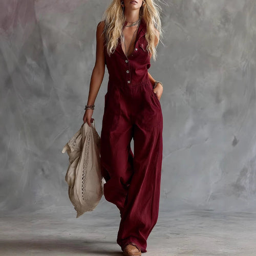 Ashley - Women’s Button Front Casual Wide Leg Jumpsuit