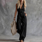 Ashley - Women’s Button Front Casual Wide Leg Jumpsuit