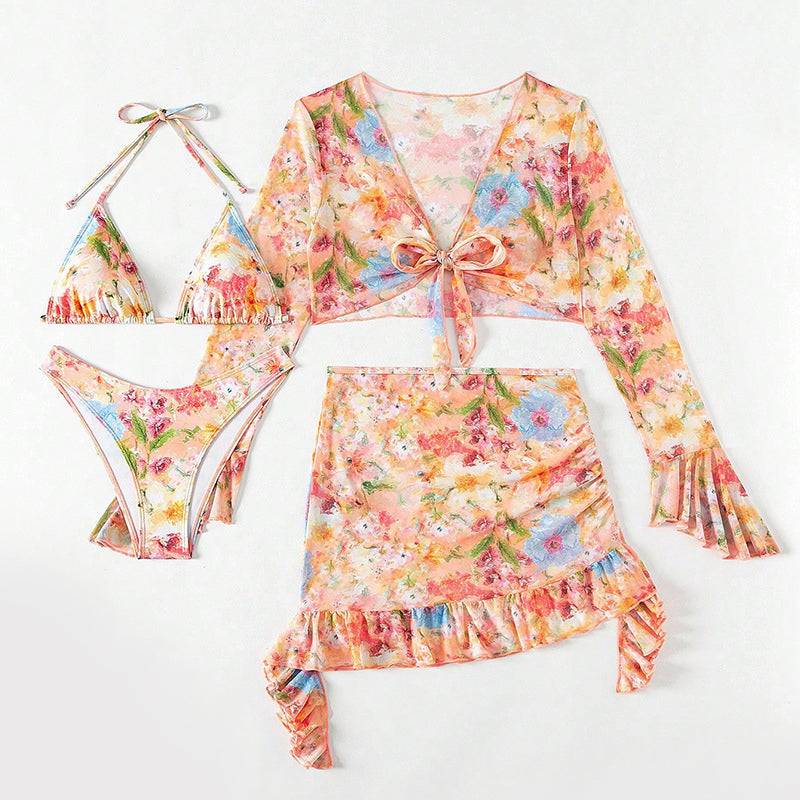 Ashley - Women's Floral Bikini Set with Tie-Front Top and Sheer Skirt