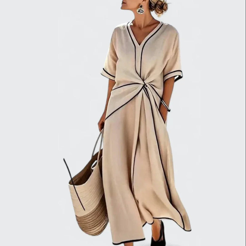 Ashley - Women's V-Neck Knot Front Midi Dress